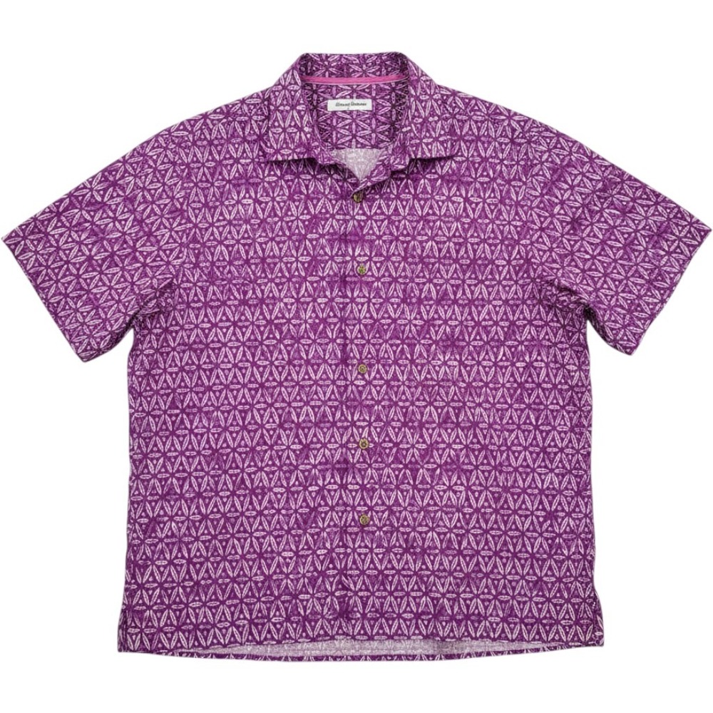 Tommy Bahama Silk Camp Shirt Mens L Coolmax Barrier Batik Purple‎ Resort NEW